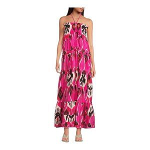 Ro's Garden Denise Halter Tie Gathered Tiered Maxi Dress Medium Pink $295